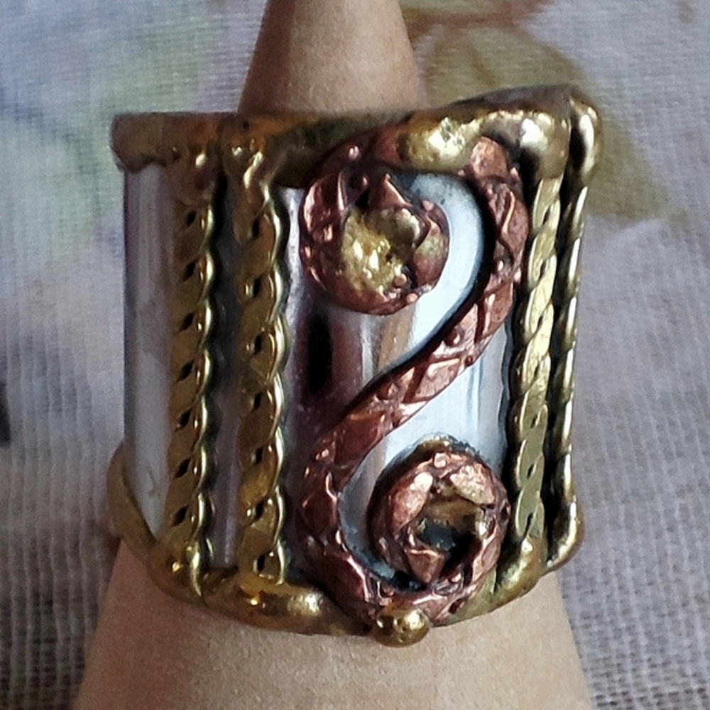 Brutalist Moderist Mixed Metals Artisan Silver Copper Brass Wide Ring Size 8